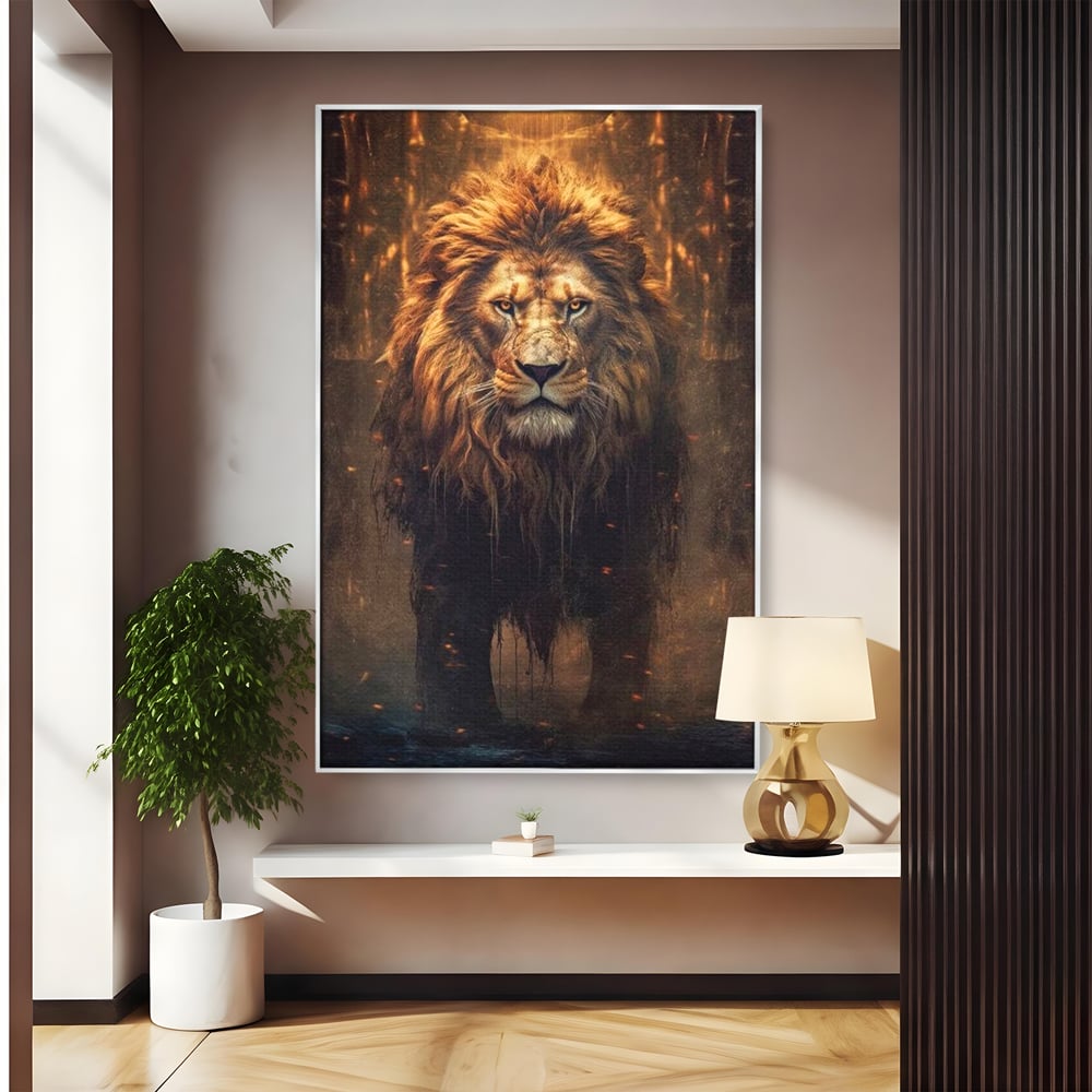 Leinwand Wandkunst Canvas Premium, LuxCanva® M1364, Geboren aus Feuer, Löwe, majestätisch, legendär, Krieger, Mut, Kraft, Geist, erhaben, Flammen, Büro, Wohnen, Kinderzimmer