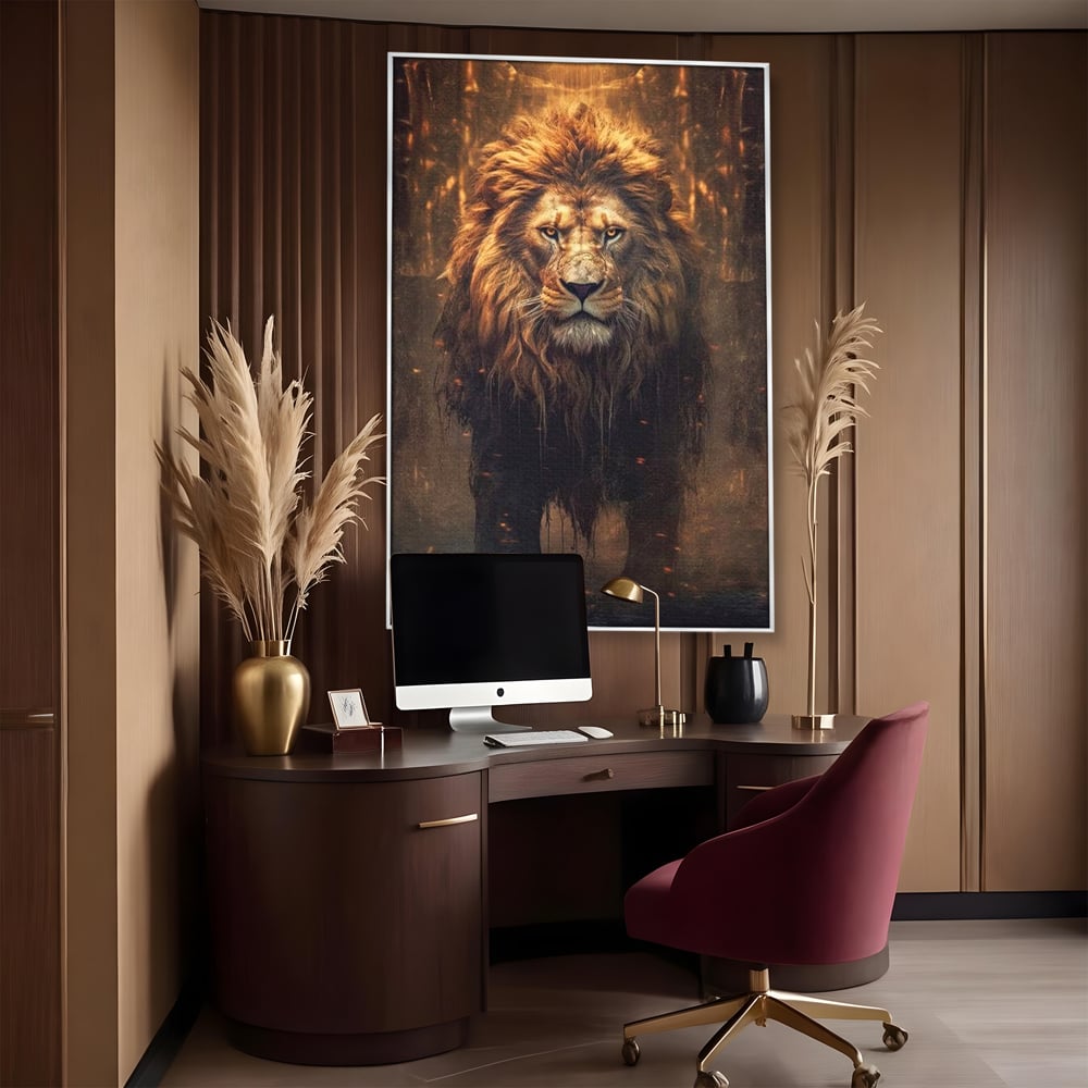 Leinwand Wandkunst Canvas Premium, LuxCanva® M1364, Geboren aus Feuer, Löwe, majestätisch, legendär, Krieger, Mut, Kraft, Geist, erhaben, Flammen, Büro, Wohnen, Kinderzimmer