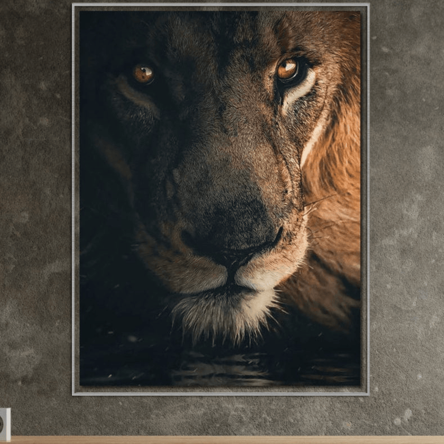 Tablou Canvas Premium LuxCanva® M1365, cu un leu măreț și privire intensă, imprimat pe pânză bumbac, din colecția noastră exclusivă de tablouri canvas calitate premium, expus pe perete gri deasupra pardoselii din lemn deschis.