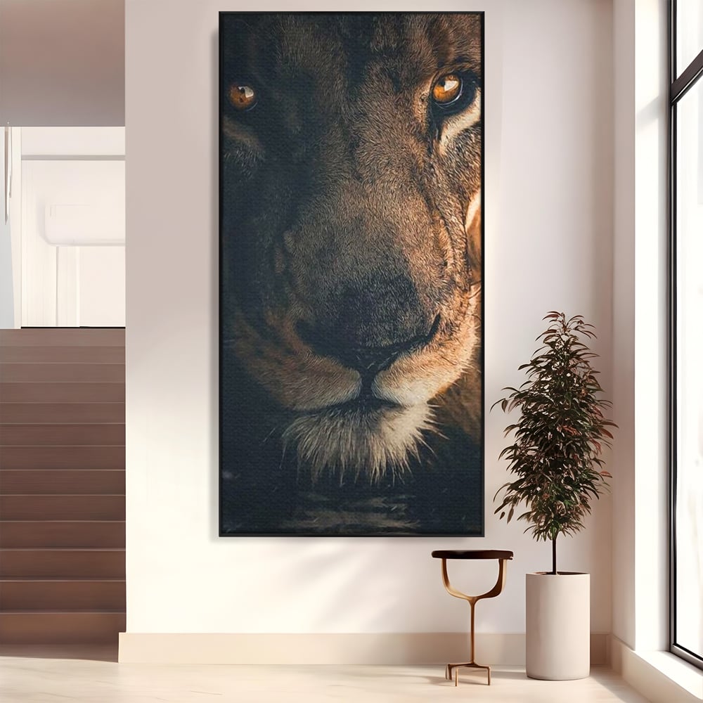 Tablou Canvas Premium, LuxCanva® M1365, Putere Ascunsa, Privire, Mister, Destin, Dominare, Forta, Leu, Stapan, Glorios, Maret, Nobil, Apa, Birou, Living, Camera Copil