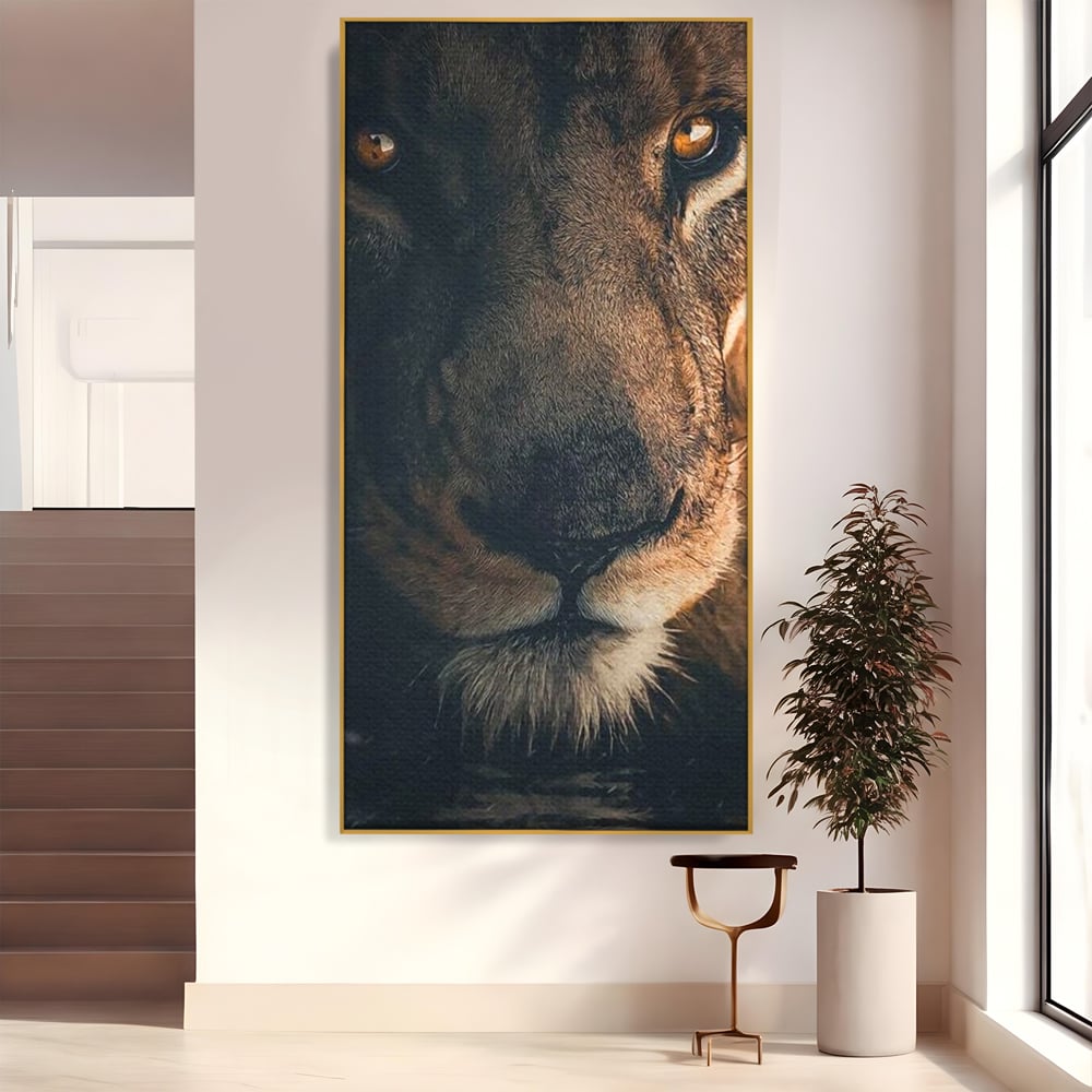 Tablou Canvas Premium, LuxCanva® M1365, Putere Ascunsa, Privire, Mister, Destin, Dominare, Forta, Leu, Stapan, Glorios, Maret, Nobil, Apa, Birou, Living, Camera Copil