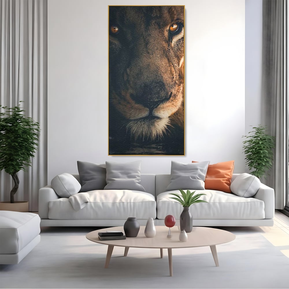 Tablou Canvas Premium, LuxCanva® M1365, Putere Ascunsa, Privire, Mister, Destin, Dominare, Forta, Leu, Stapan, Glorios, Maret, Nobil, Apa, Birou, Living, Camera Copil