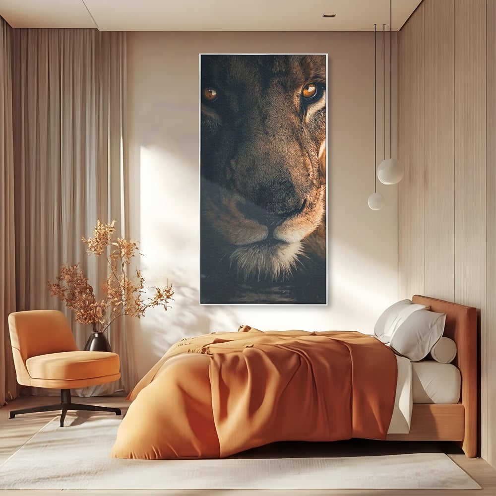 Tablou Canvas Premium, LuxCanva® M1365, Putere Ascunsa, Privire, Mister, Destin, Dominare, Forta, Leu, Stapan, Glorios, Maret, Nobil, Apa, Birou, Living, Camera Copil