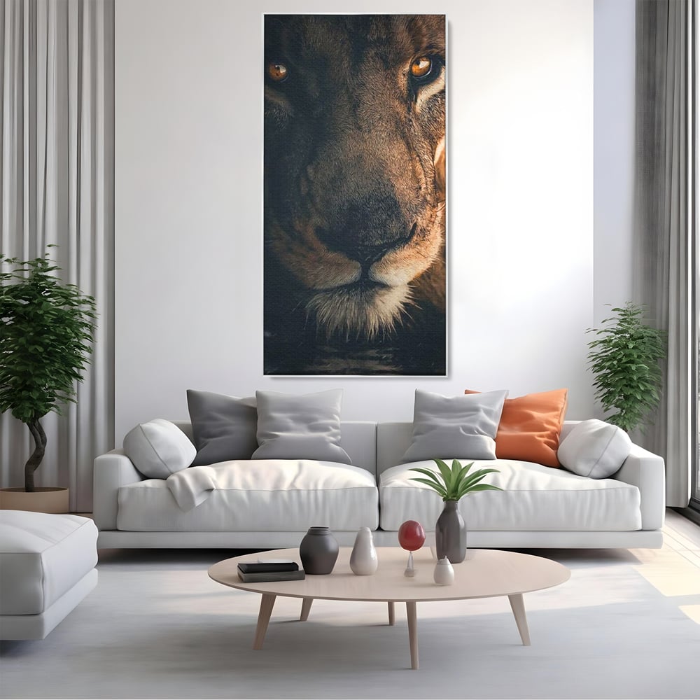 Tablou Canvas Premium, LuxCanva® M1365, Putere Ascunsa, Privire, Mister, Destin, Dominare, Forta, Leu, Stapan, Glorios, Maret, Nobil, Apa, Birou, Living, Camera Copil