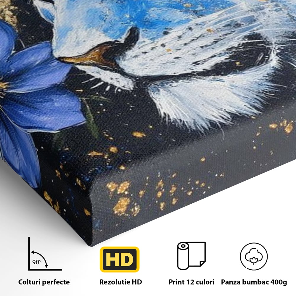 Tablou Canvas Premium, LuxCanva® M1366, Leoaica de Safir, Floare, Petale, Albastru, Auriu, Leoaica, Regina, Frumusete, Feminitate, Stralucire, Eleganta, Birou, Living, Camera Copil