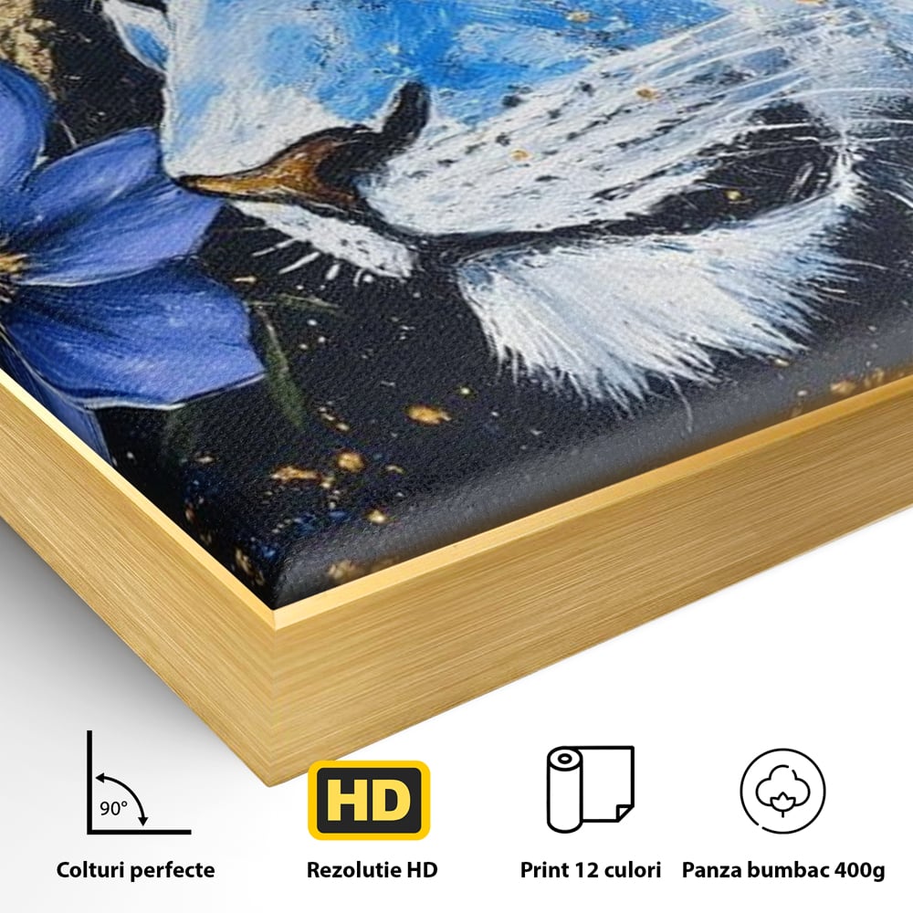 Tablou Canvas Premium, LuxCanva® M1366, Leoaica de Safir, Floare, Petale, Albastru, Auriu, Leoaica, Regina, Frumusete, Feminitate, Stralucire, Eleganta, Birou, Living, Camera Copil