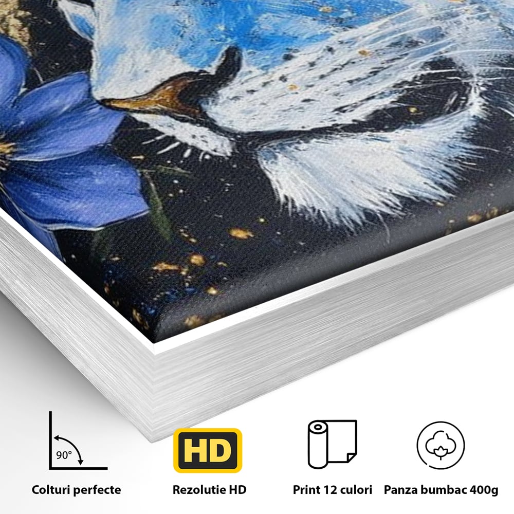 Tablou Canvas Premium, LuxCanva® M1366, Leoaica de Safir, Floare, Petale, Albastru, Auriu, Leoaica, Regina, Frumusete, Feminitate, Stralucire, Eleganta, Birou, Living, Camera Copil