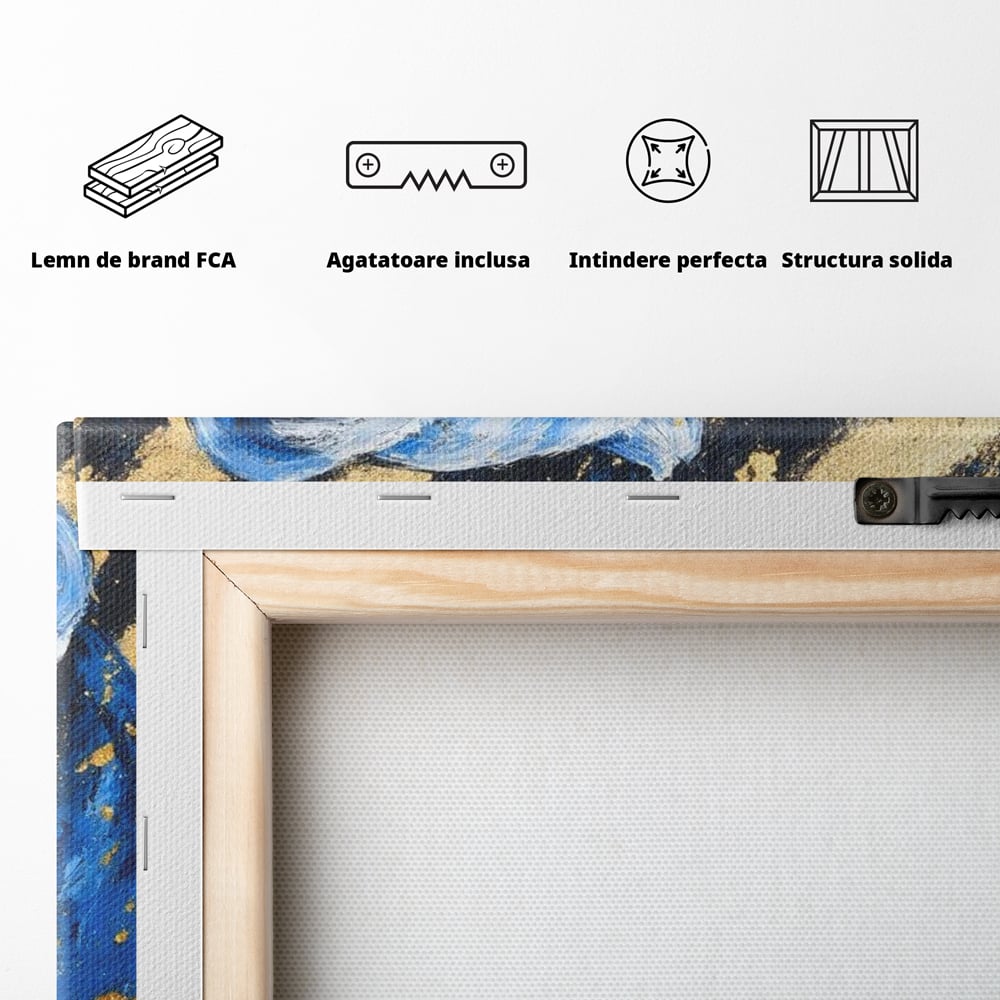 Tablou Canvas Premium, LuxCanva® M1366, Leoaica de Safir, Floare, Petale, Albastru, Auriu, Leoaica, Regina, Frumusete, Feminitate, Stralucire, Eleganta, Birou, Living, Camera Copil