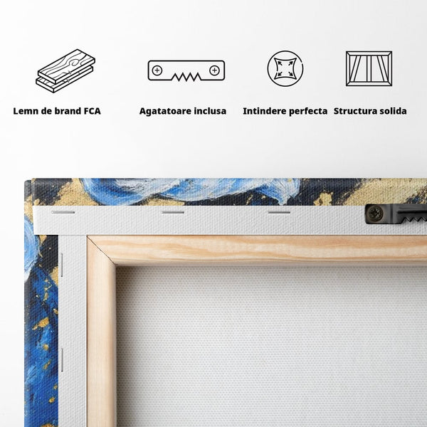 Tablou Canvas Premium, LuxCanva® M1366, Leoaica de Safir, Floare, Petale, Albastru, Auriu, Leoaica, Regina, Frumusete, Feminitate, Stralucire, Eleganta, Birou, Living, Camera Copil