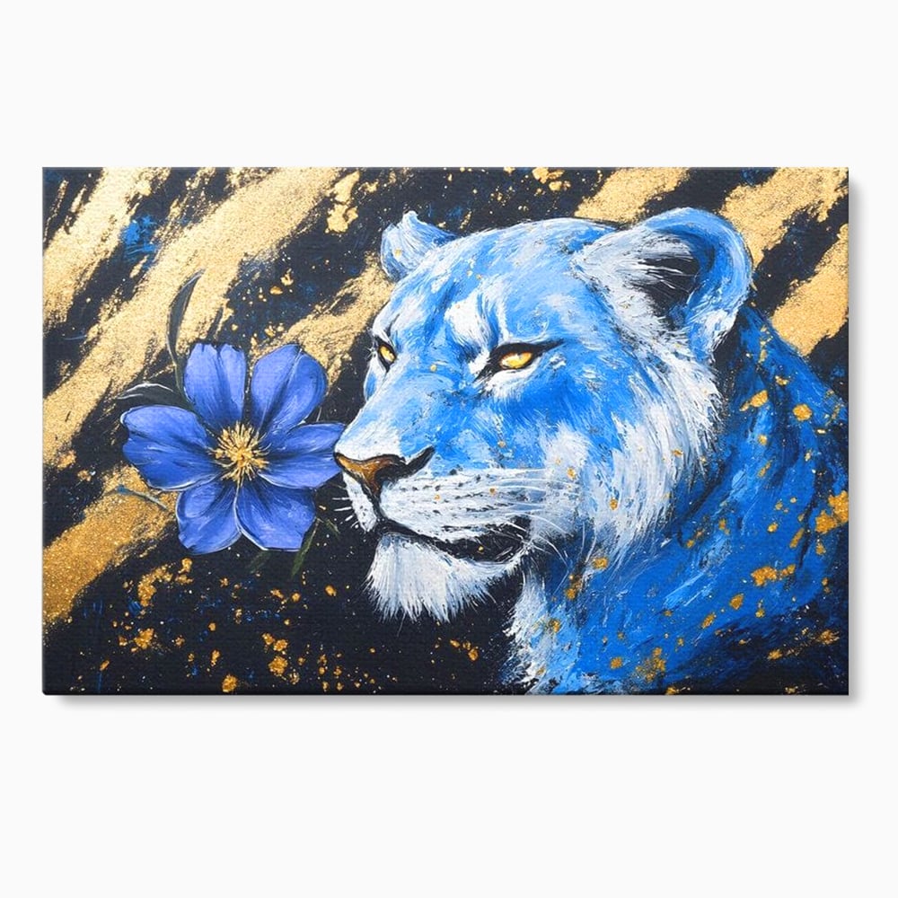 Tablou Canvas Premium, LuxCanva® M1366, Leoaica de Safir, Floare, Petale, Albastru, Auriu, Leoaica, Regina, Frumusete, Feminitate, Stralucire, Eleganta, Birou, Living, Camera Copil