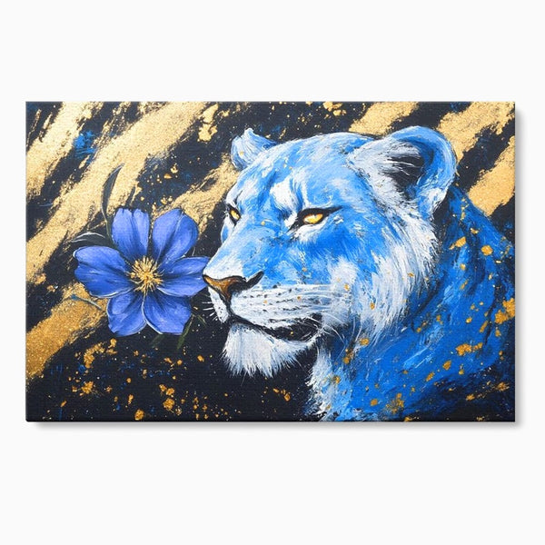 Tablou Canvas Premium, LuxCanva® M1366, Leoaica de Safir, Floare, Petale, Albastru, Auriu, Leoaica, Regina, Frumusete, Feminitate, Stralucire, Eleganta, Birou, Living, Camera Copil