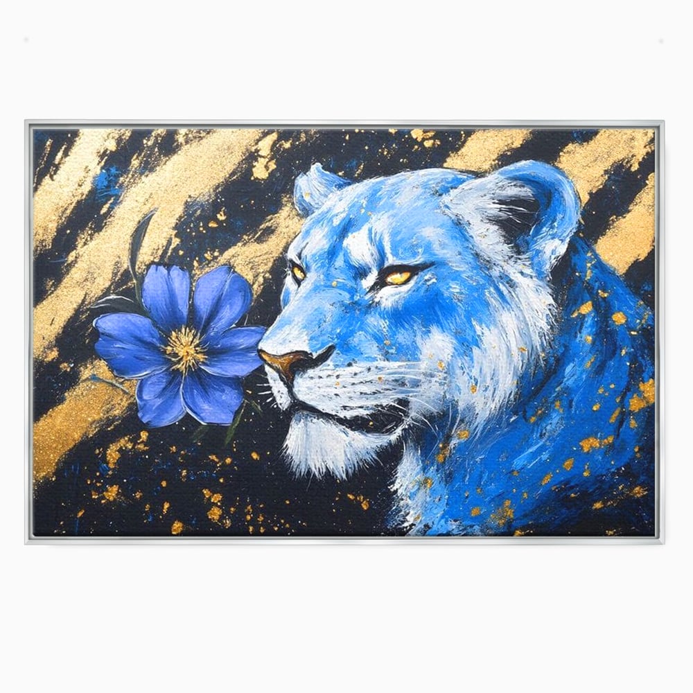 Tablou Canvas Premium, LuxCanva® M1366, Leoaica de Safir, Floare, Petale, Albastru, Auriu, Leoaica, Regina, Frumusete, Feminitate, Stralucire, Eleganta, Birou, Living, Camera Copil