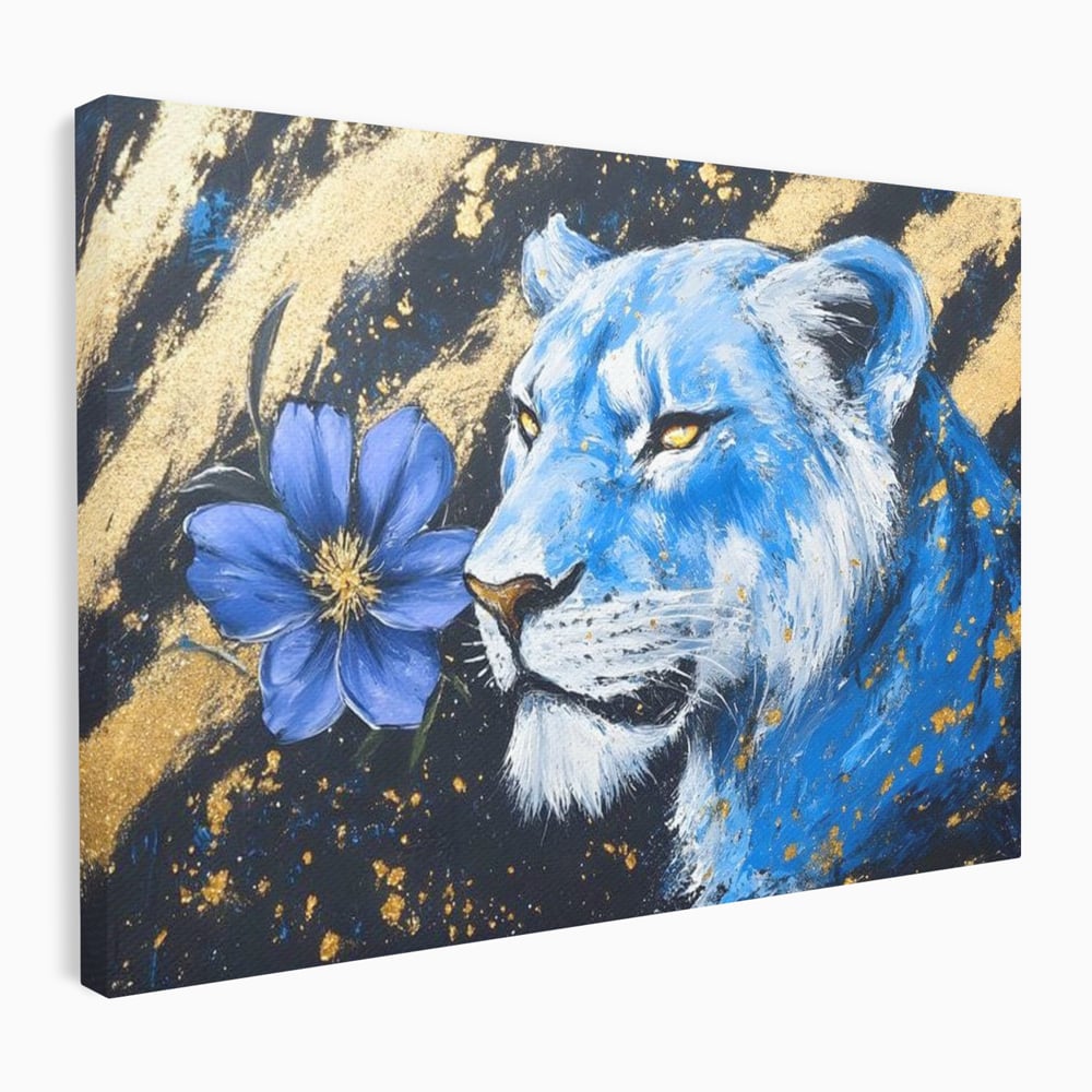 Tablou Canvas Premium, LuxCanva® M1366, Leoaica de Safir, Floare, Petale, Albastru, Auriu, Leoaica, Regina, Frumusete, Feminitate, Stralucire, Eleganta, Birou, Living, Camera Copil
