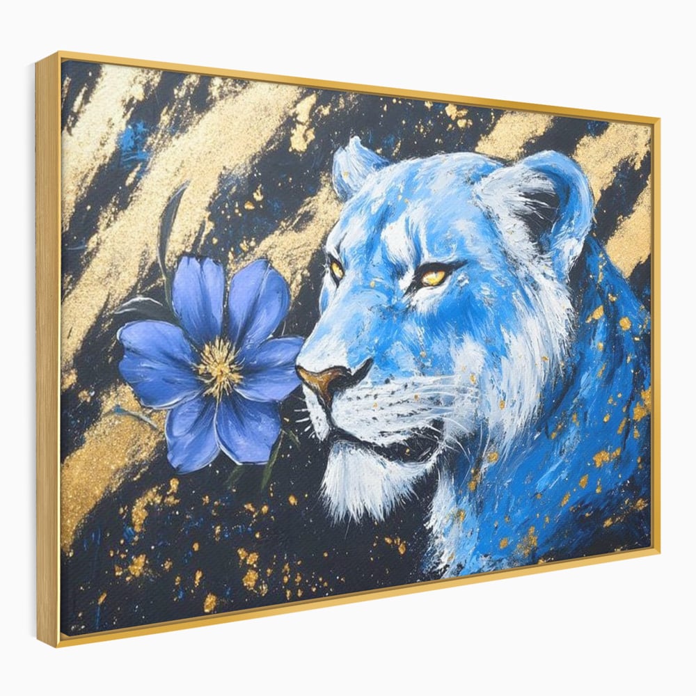 Tablou Canvas Premium, LuxCanva® M1366, Leoaica de Safir, Floare, Petale, Albastru, Auriu, Leoaica, Regina, Frumusete, Feminitate, Stralucire, Eleganta, Birou, Living, Camera Copil