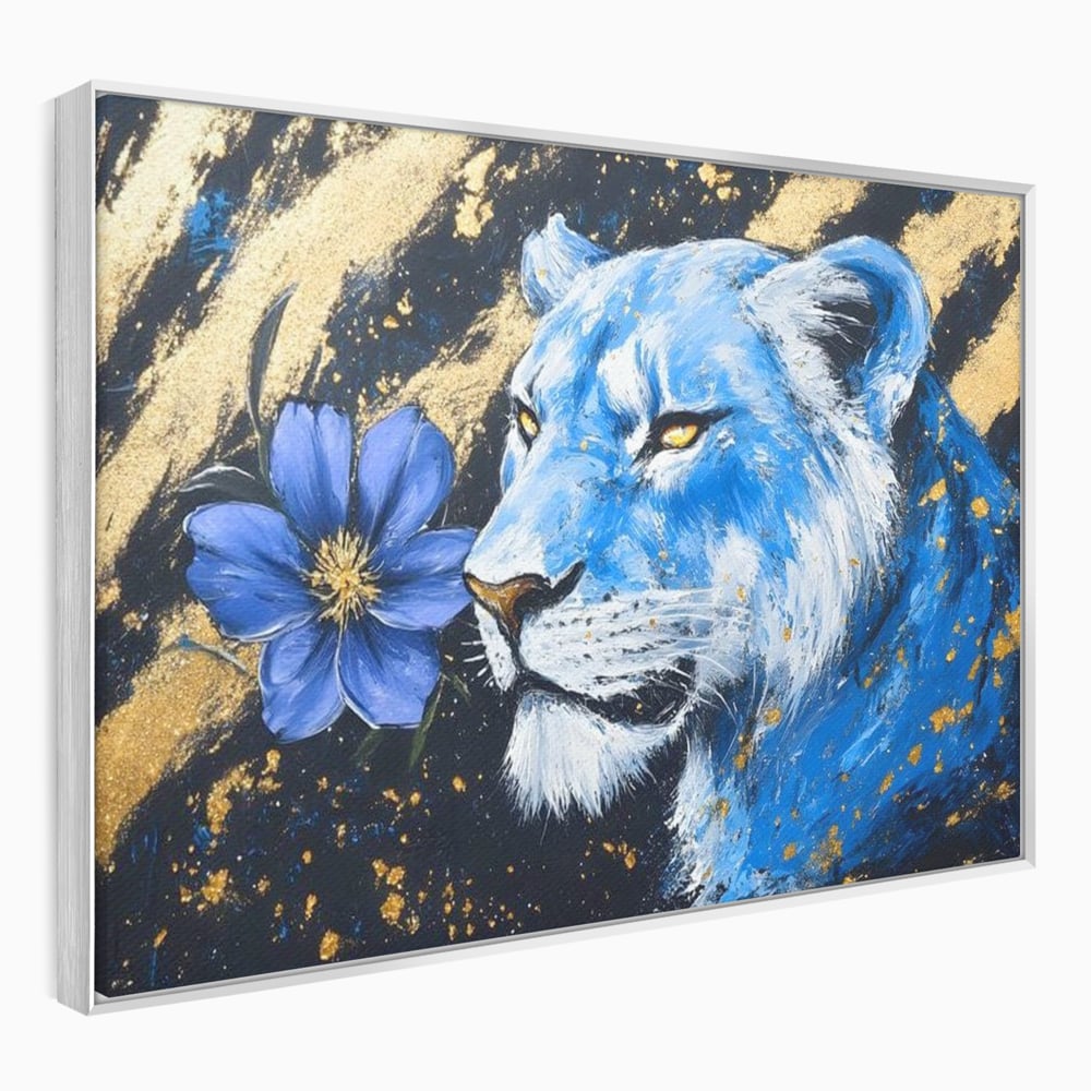 Tablou Canvas Premium, LuxCanva® M1366, Leoaica de Safir, Floare, Petale, Albastru, Auriu, Leoaica, Regina, Frumusete, Feminitate, Stralucire, Eleganta, Birou, Living, Camera Copil