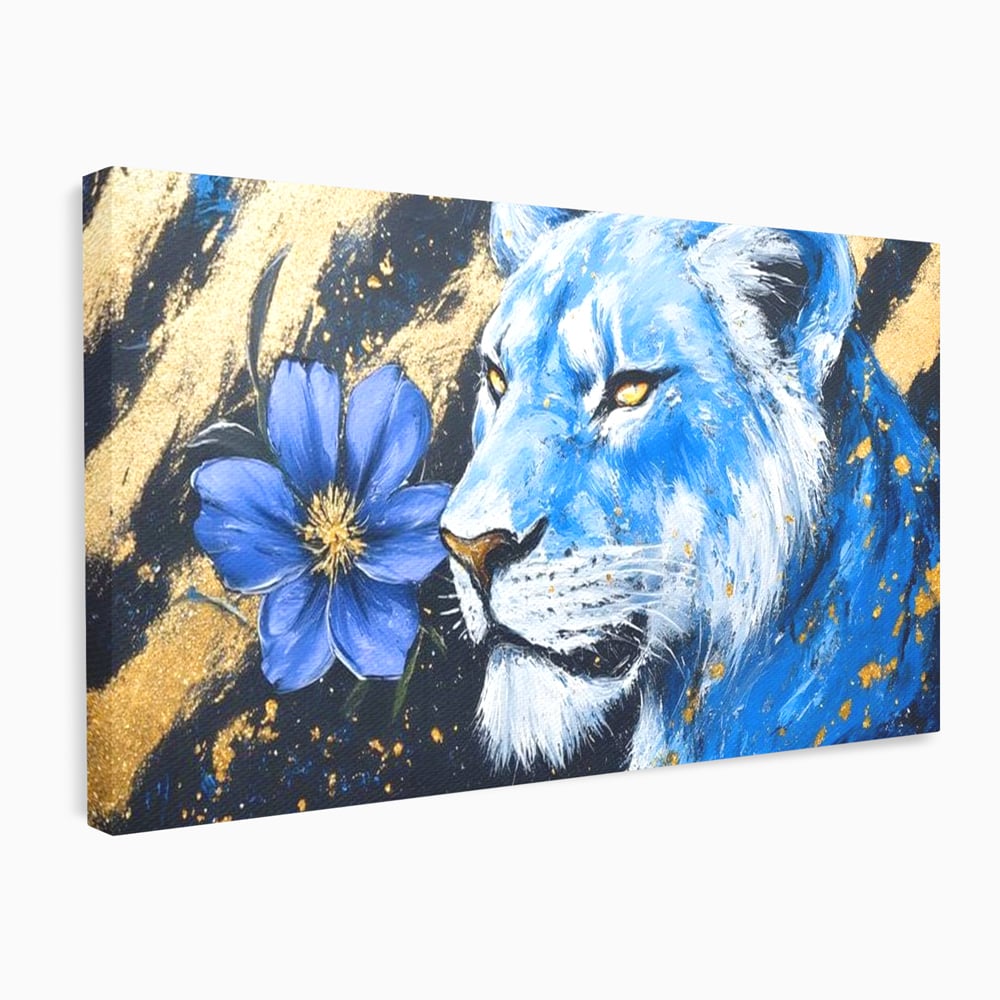 Tablou Canvas Premium, LuxCanva® M1366, Leoaica de Safir, Floare, Petale, Albastru, Auriu, Leoaica, Regina, Frumusete, Feminitate, Stralucire, Eleganta, Birou, Living, Camera Copil