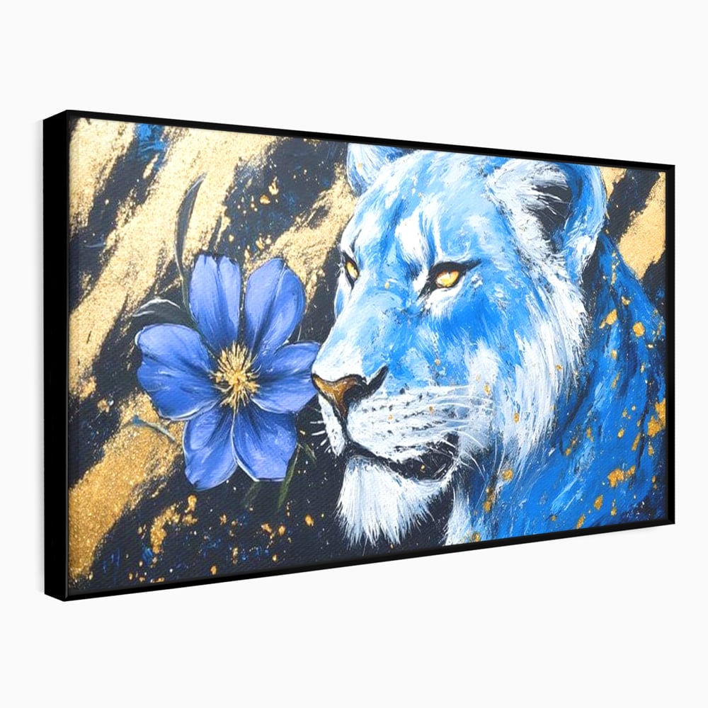 Tablou Canvas Premium, LuxCanva® M1366, Leoaica de Safir, Floare, Petale, Albastru, Auriu, Leoaica, Regina, Frumusete, Feminitate, Stralucire, Eleganta, Birou, Living, Camera Copil