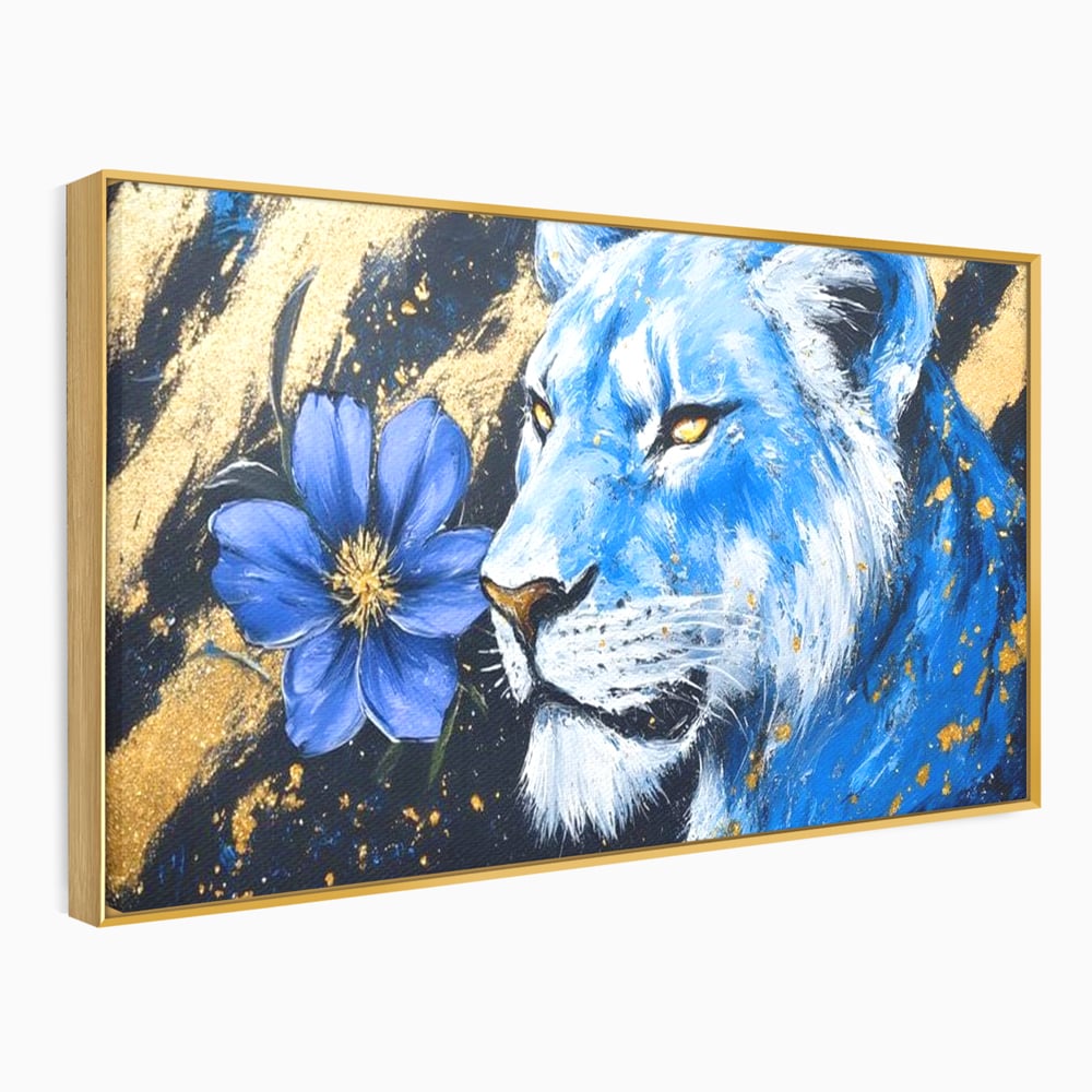 Tablou Canvas Premium, LuxCanva® M1366, Leoaica de Safir, Floare, Petale, Albastru, Auriu, Leoaica, Regina, Frumusete, Feminitate, Stralucire, Eleganta, Birou, Living, Camera Copil