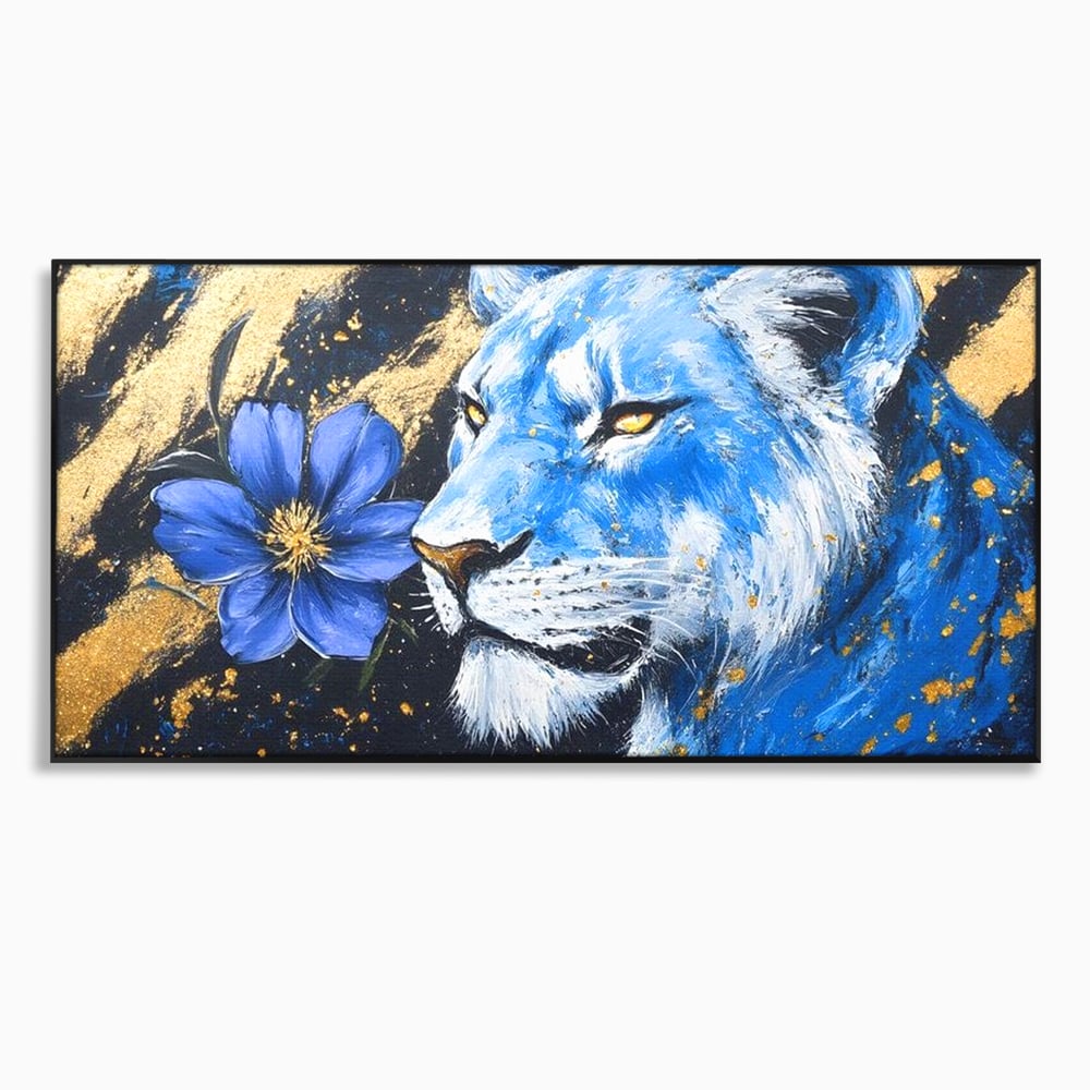 Tablou Canvas Premium, LuxCanva® M1366, Leoaica de Safir, Floare, Petale, Albastru, Auriu, Leoaica, Regina, Frumusete, Feminitate, Stralucire, Eleganta, Birou, Living, Camera Copil