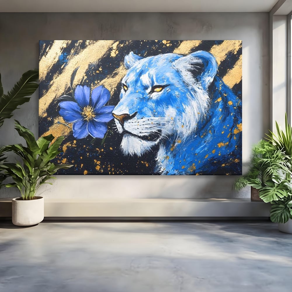 Tablou Canvas Premium, LuxCanva® M1366, Leoaica de Safir, Floare, Petale, Albastru, Auriu, Leoaica, Regina, Frumusete, Feminitate, Stralucire, Eleganta, Birou, Living, Camera Copil