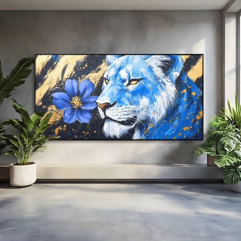 Tablou Canvas Premium, LuxCanva® M1366, Leoaica de Safir, Floare, Petale, Albastru, Auriu, Leoaica, Regina, Frumusete, Feminitate, Stralucire, Eleganta, Birou, Living, Camera Copil