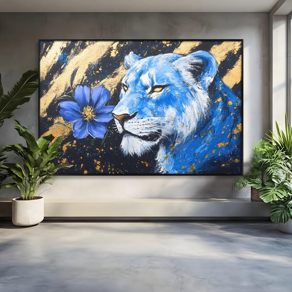 Tablou Canvas Premium, LuxCanva® M1366, Leoaica de Safir, Floare, Petale, Albastru, Auriu, Leoaica, Regina, Frumusete, Feminitate, Stralucire, Eleganta, Birou, Living, Camera Copil