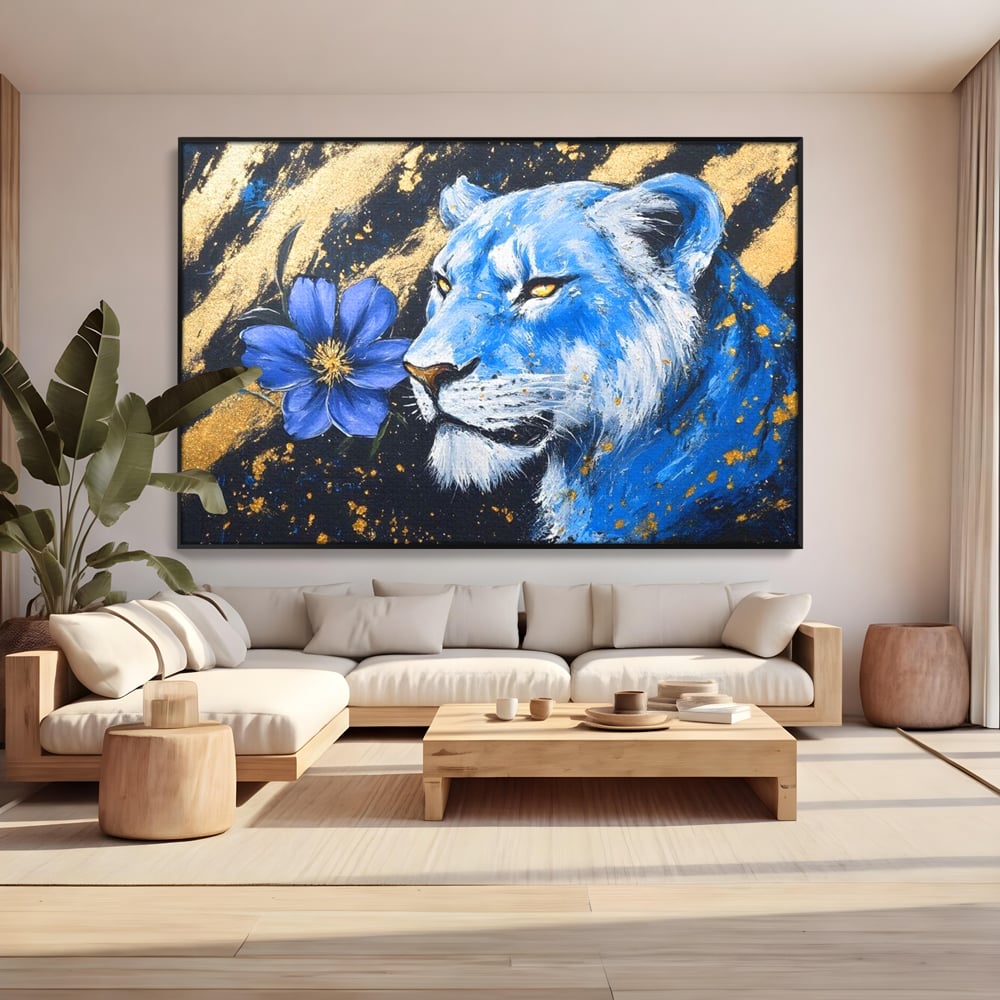Tablou Canvas Premium, LuxCanva® M1366, Leoaica de Safir, Floare, Petale, Albastru, Auriu, Leoaica, Regina, Frumusete, Feminitate, Stralucire, Eleganta, Birou, Living, Camera Copil