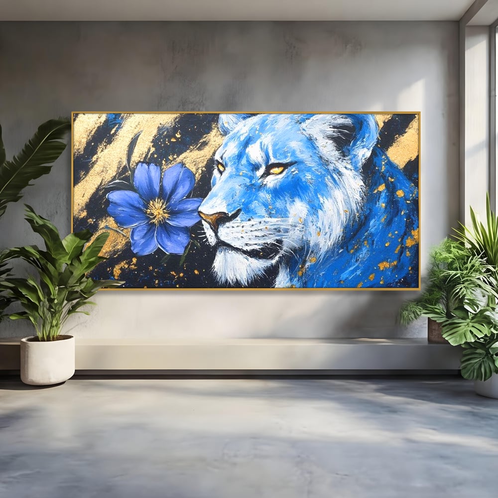 Tablou Canvas Premium, LuxCanva® M1366, Leoaica de Safir, Floare, Petale, Albastru, Auriu, Leoaica, Regina, Frumusete, Feminitate, Stralucire, Eleganta, Birou, Living, Camera Copil