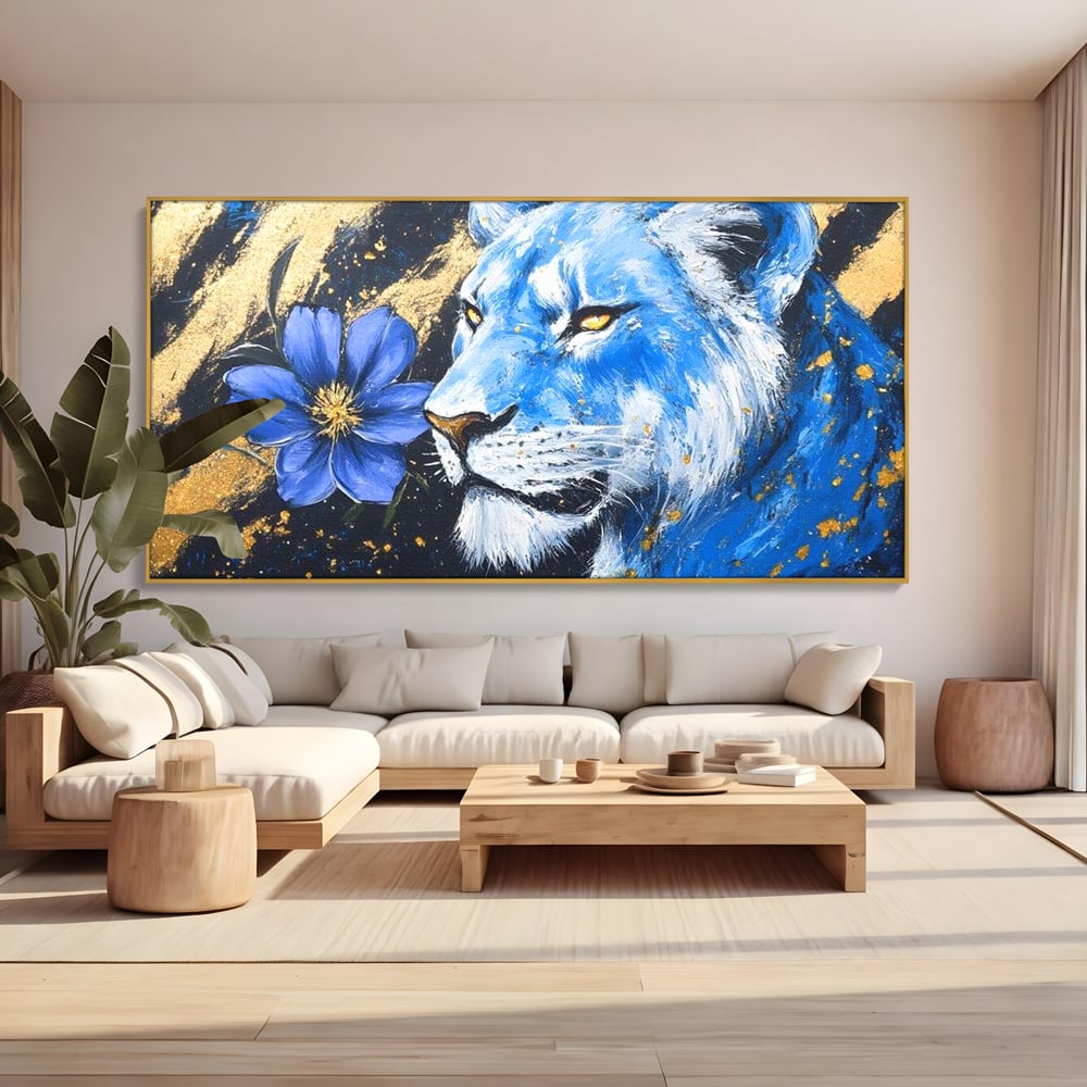 Tablou Canvas Premium, LuxCanva® M1366, Leoaica de Safir, Floare, Petale, Albastru, Auriu, Leoaica, Regina, Frumusete, Feminitate, Stralucire, Eleganta, Birou, Living, Camera Copil