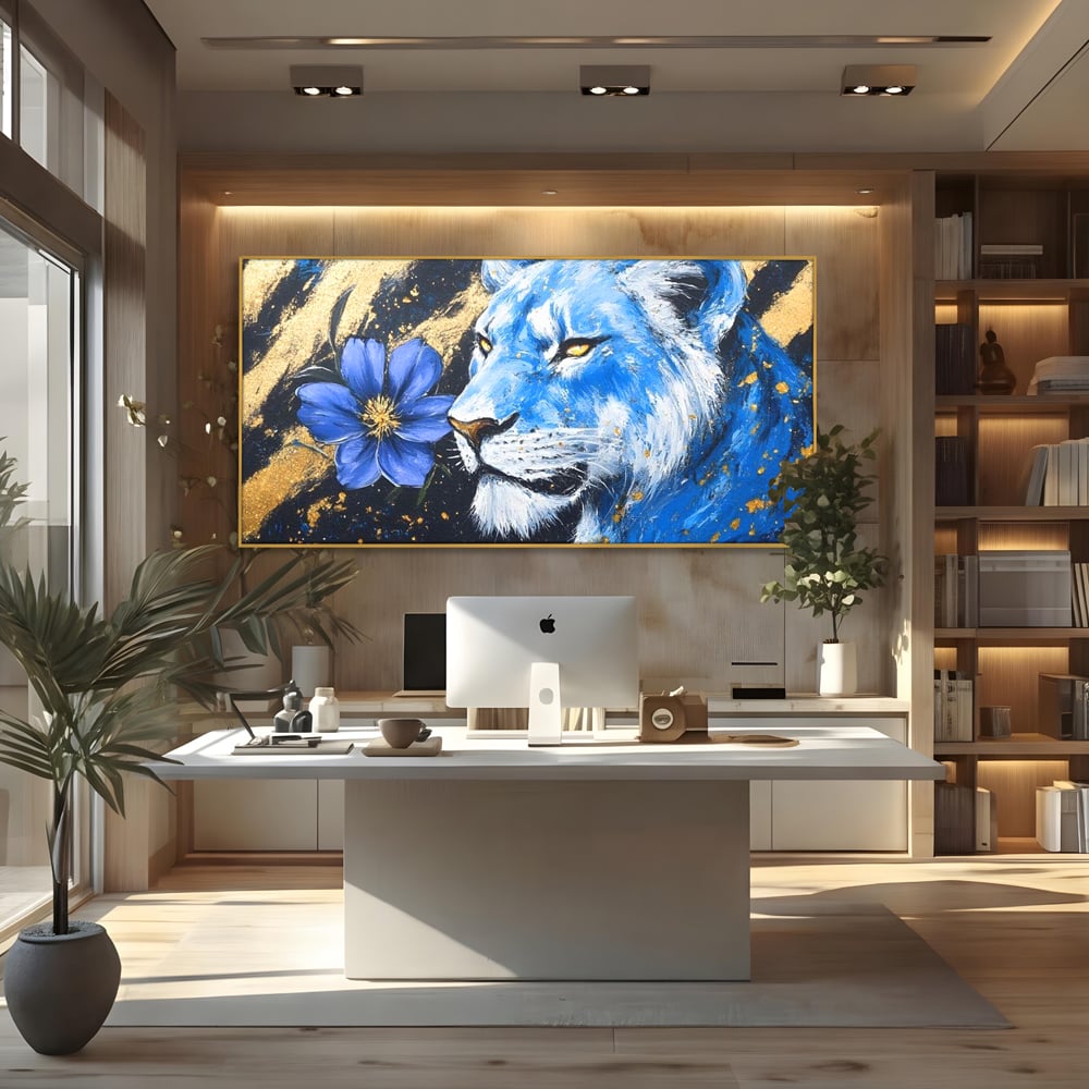 Tablou Canvas Premium, LuxCanva® M1366, Leoaica de Safir, Floare, Petale, Albastru, Auriu, Leoaica, Regina, Frumusete, Feminitate, Stralucire, Eleganta, Birou, Living, Camera Copil