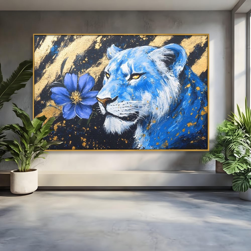 Tablou Canvas Premium, LuxCanva® M1366, Leoaica de Safir, Floare, Petale, Albastru, Auriu, Leoaica, Regina, Frumusete, Feminitate, Stralucire, Eleganta, Birou, Living, Camera Copil