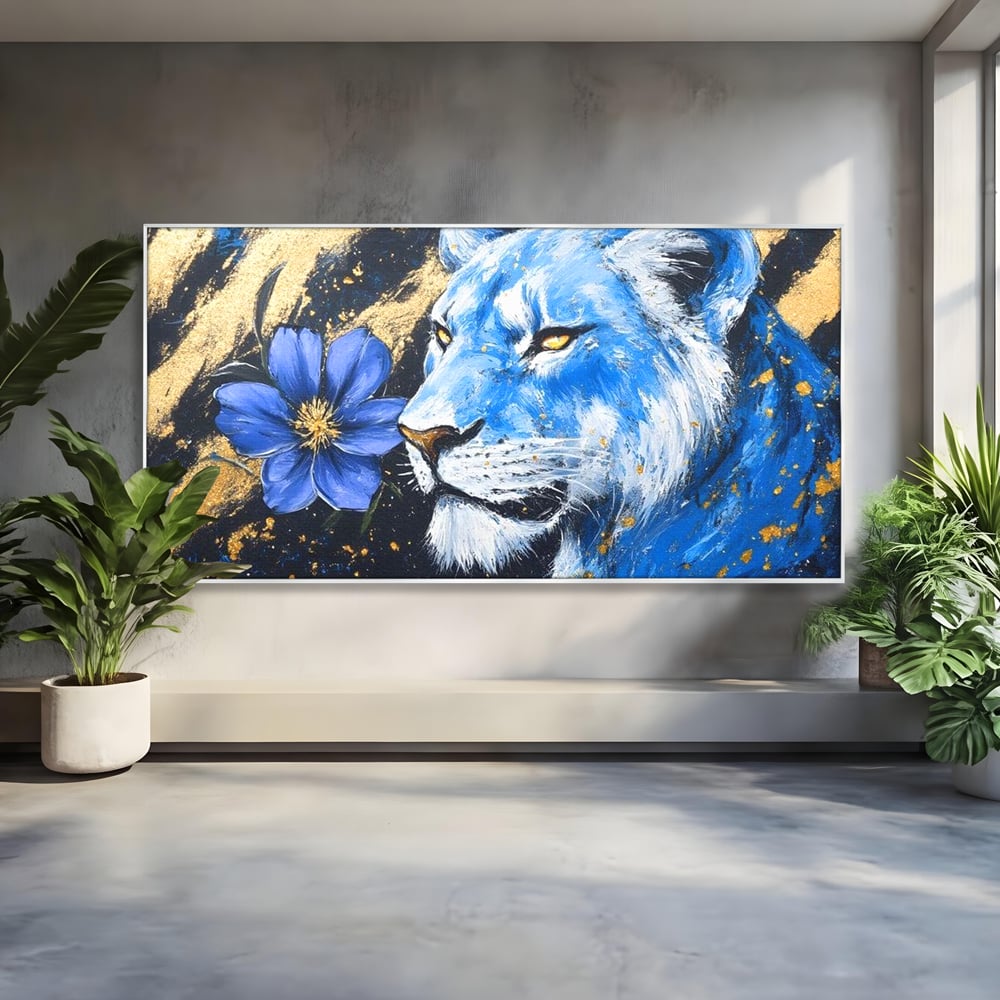 Tablou Canvas Premium, LuxCanva® M1366, Leoaica de Safir, Floare, Petale, Albastru, Auriu, Leoaica, Regina, Frumusete, Feminitate, Stralucire, Eleganta, Birou, Living, Camera Copil