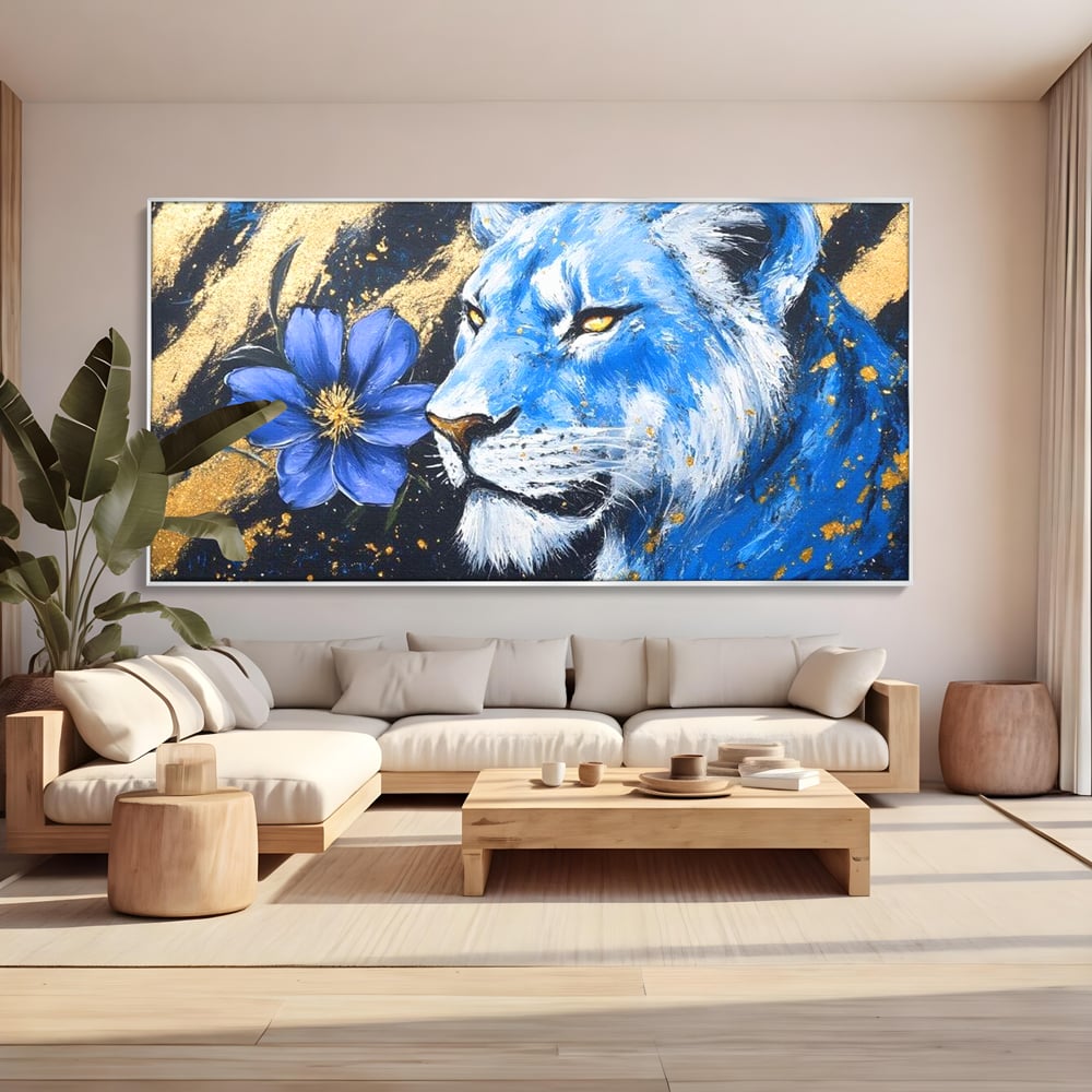 Tablou Canvas Premium, LuxCanva® M1366, Leoaica de Safir, Floare, Petale, Albastru, Auriu, Leoaica, Regina, Frumusete, Feminitate, Stralucire, Eleganta, Birou, Living, Camera Copil