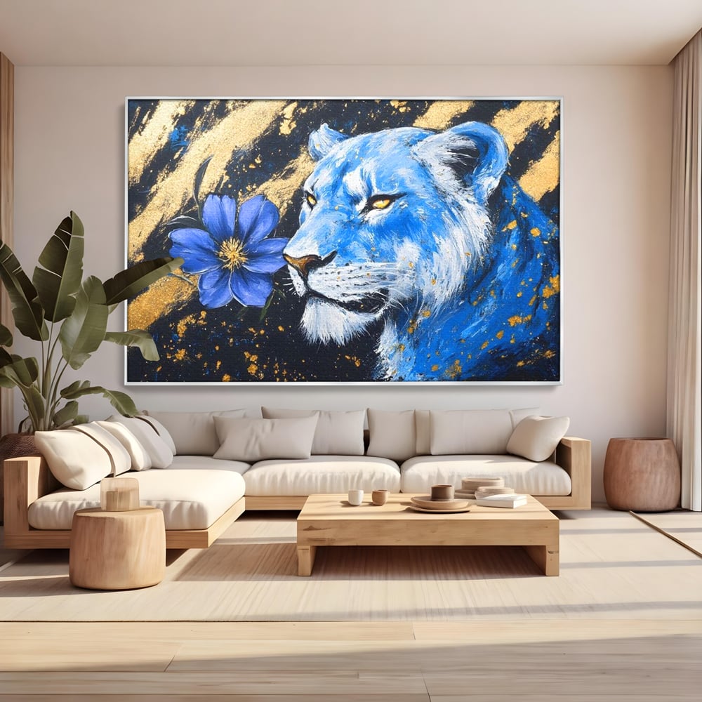 Tablou Canvas Premium, LuxCanva® M1366, Leoaica de Safir, Floare, Petale, Albastru, Auriu, Leoaica, Regina, Frumusete, Feminitate, Stralucire, Eleganta, Birou, Living, Camera Copil