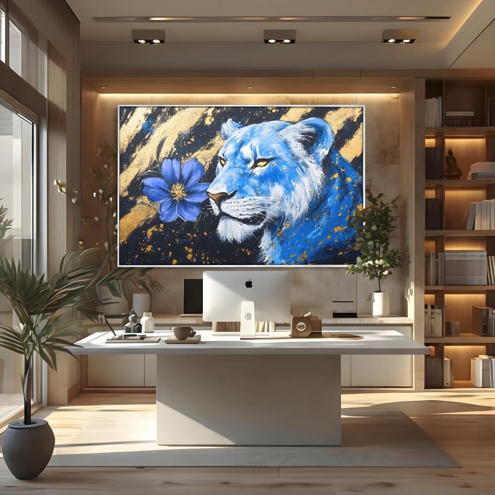 Tablou Canvas Premium, LuxCanva® M1366, Leoaica de Safir, Floare, Petale, Albastru, Auriu, Leoaica, Regina, Frumusete, Feminitate, Stralucire, Eleganta, Birou, Living, Camera Copil