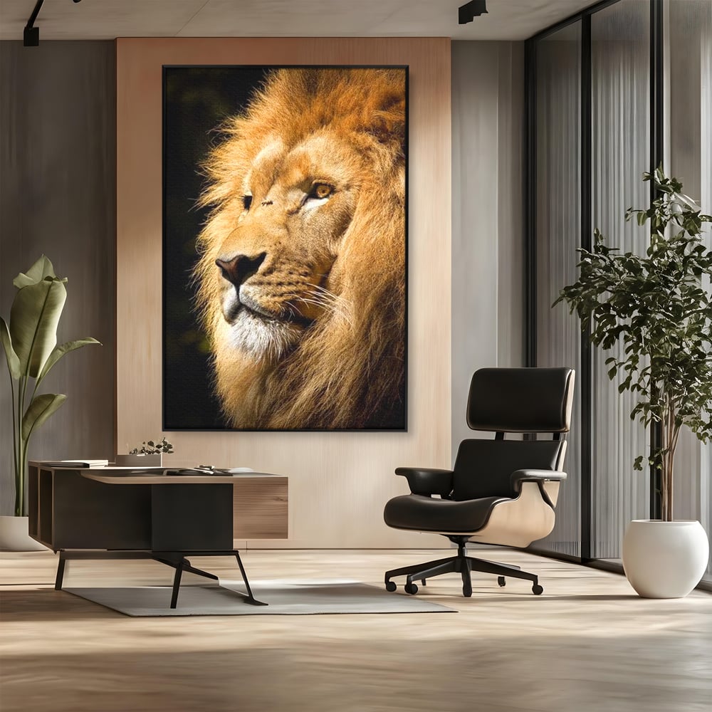 Tablou Canvas Premium, LuxCanva® M1367, Farmec Imperial, Leu, Animal, Rege, Maretie, Intelepciune, Forta, Lumina, Profil, Portret, Viziune, Respect, Birou, Living, Camera Copil