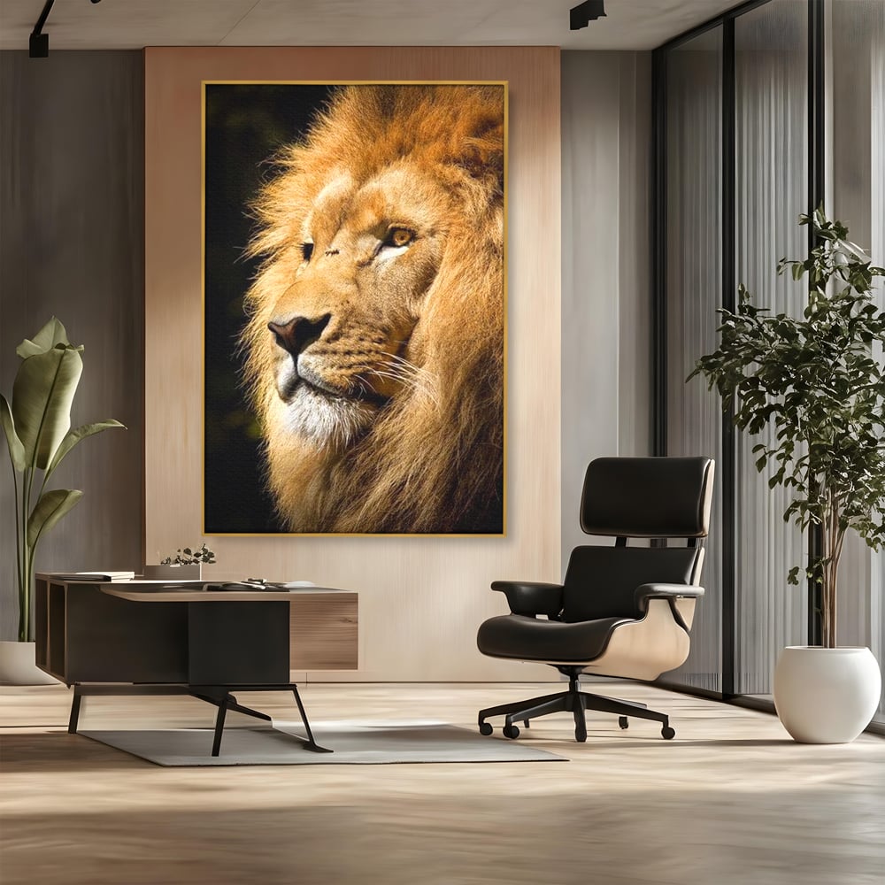 Tablou Canvas Premium, LuxCanva® M1367, Farmec Imperial, Leu, Animal, Rege, Maretie, Intelepciune, Forta, Lumina, Profil, Portret, Viziune, Respect, Birou, Living, Camera Copil