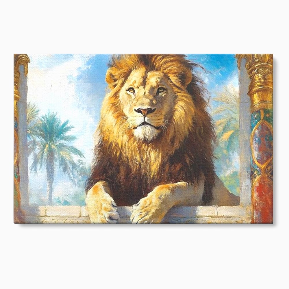 Leinwand Premium Canvas Wandkunst, LuxCanva® M1369, Ewige Krone, Löwe, Palast, Thron, Tempel, Königtum, Gold, Säule, Denkmal, Ahnen, Wächter, Gemälde, Büro, Wohnen, Kinderzimmer
