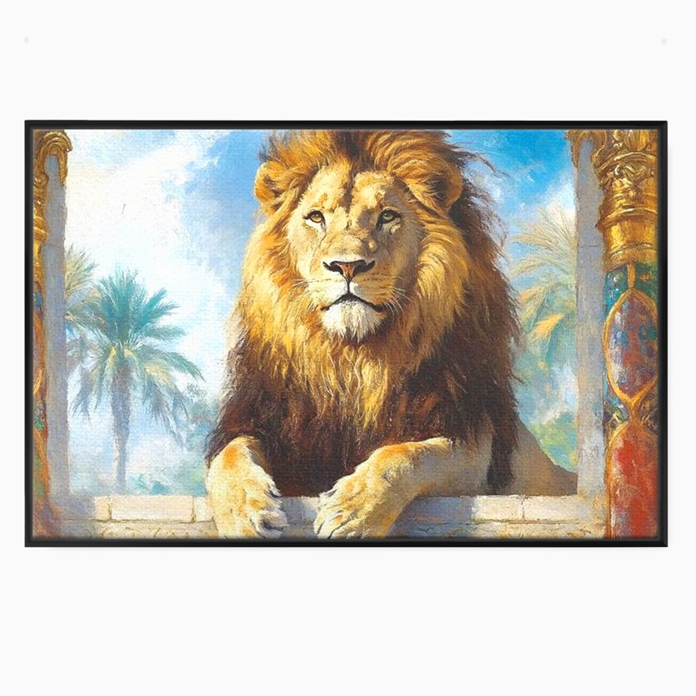 Leinwand Premium Canvas Wandkunst, LuxCanva® M1369, Ewige Krone, Löwe, Palast, Thron, Tempel, Königtum, Gold, Säule, Denkmal, Ahnen, Wächter, Gemälde, Büro, Wohnen, Kinderzimmer