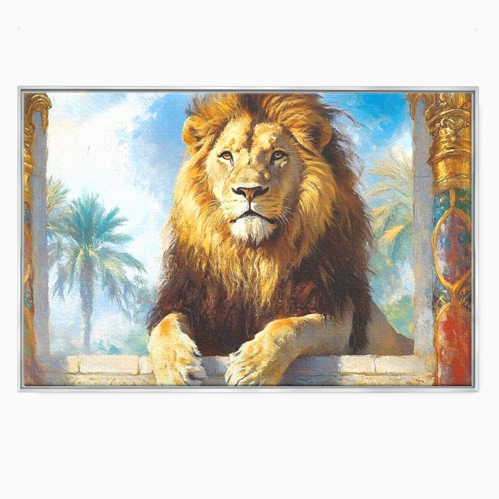Leinwand Premium Canvas Wandkunst, LuxCanva® M1369, Ewige Krone, Löwe, Palast, Thron, Tempel, Königtum, Gold, Säule, Denkmal, Ahnen, Wächter, Gemälde, Büro, Wohnen, Kinderzimmer