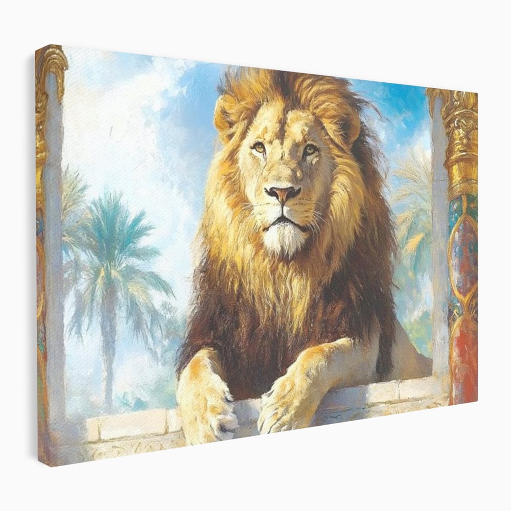 Leinwand Premium Canvas Wandkunst, LuxCanva® M1369, Ewige Krone, Löwe, Palast, Thron, Tempel, Königtum, Gold, Säule, Denkmal, Ahnen, Wächter, Gemälde, Büro, Wohnen, Kinderzimmer