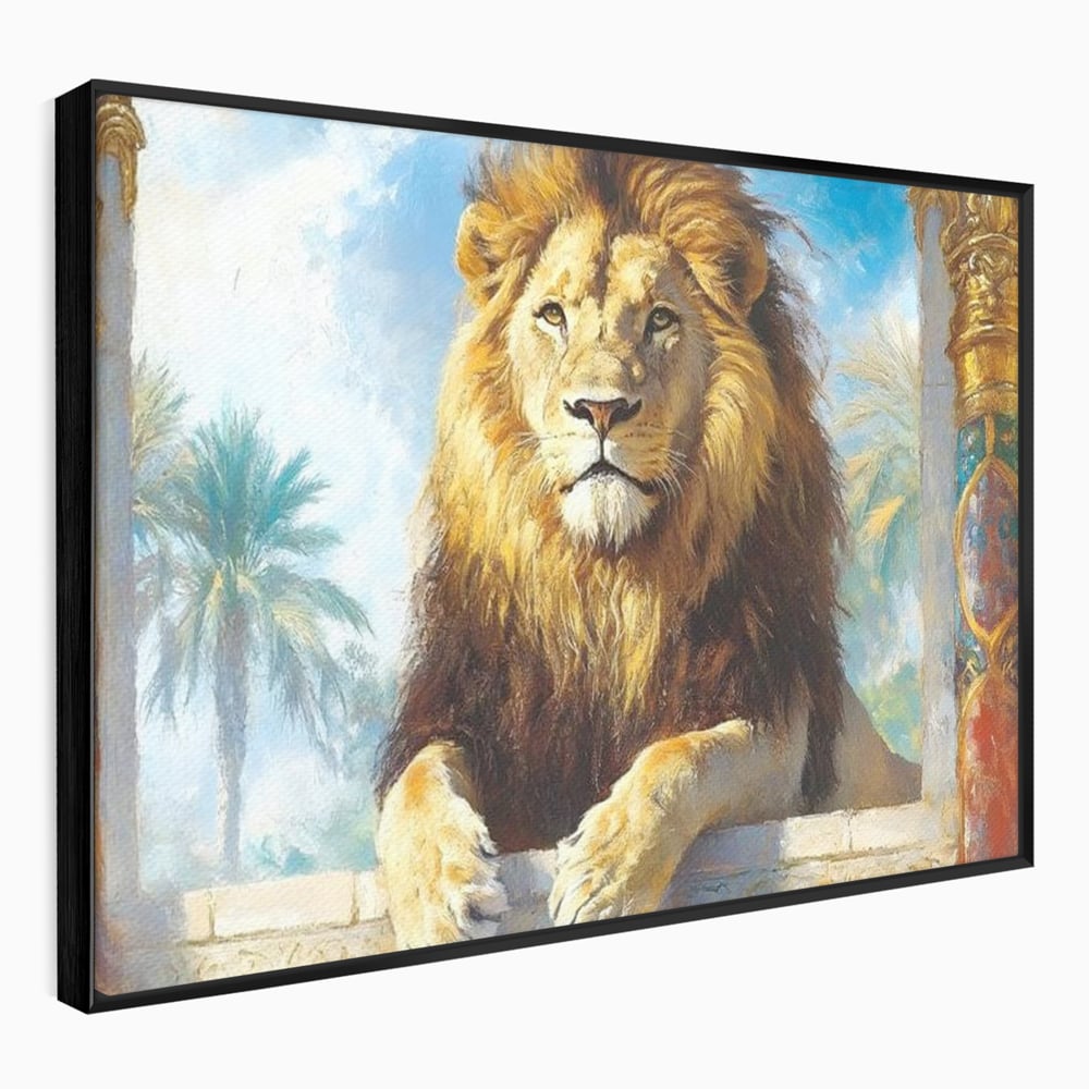 Leinwand Premium Canvas Wandkunst, LuxCanva® M1369, Ewige Krone, Löwe, Palast, Thron, Tempel, Königtum, Gold, Säule, Denkmal, Ahnen, Wächter, Gemälde, Büro, Wohnen, Kinderzimmer