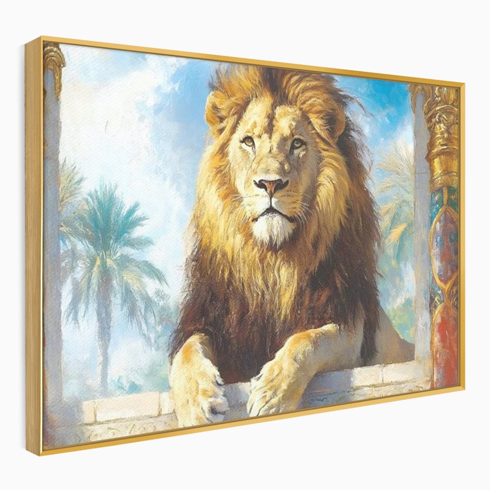 Leinwand Premium Canvas Wandkunst, LuxCanva® M1369, Ewige Krone, Löwe, Palast, Thron, Tempel, Königtum, Gold, Säule, Denkmal, Ahnen, Wächter, Gemälde, Büro, Wohnen, Kinderzimmer