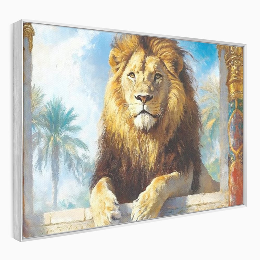 Leinwand Premium Canvas Wandkunst, LuxCanva® M1369, Ewige Krone, Löwe, Palast, Thron, Tempel, Königtum, Gold, Säule, Denkmal, Ahnen, Wächter, Gemälde, Büro, Wohnen, Kinderzimmer