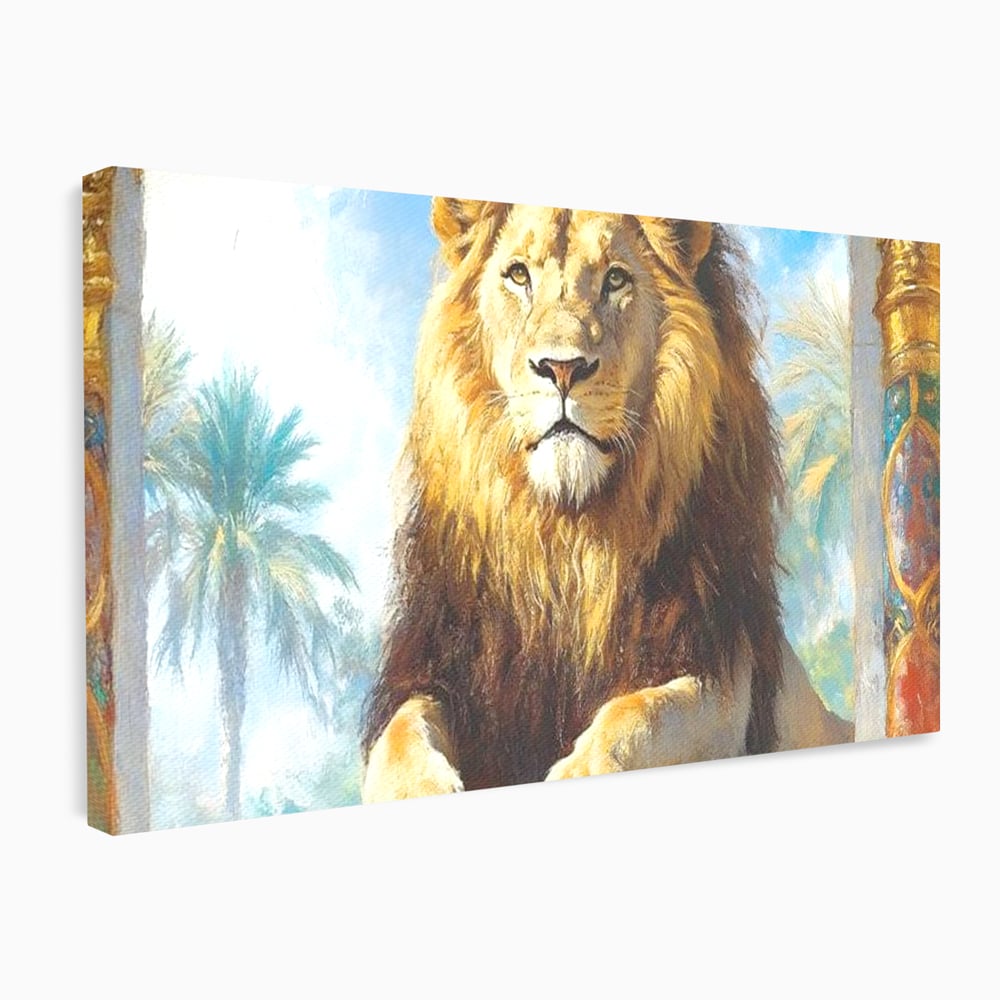 Leinwand Premium Canvas Wandkunst, LuxCanva® M1369, Ewige Krone, Löwe, Palast, Thron, Tempel, Königtum, Gold, Säule, Denkmal, Ahnen, Wächter, Gemälde, Büro, Wohnen, Kinderzimmer