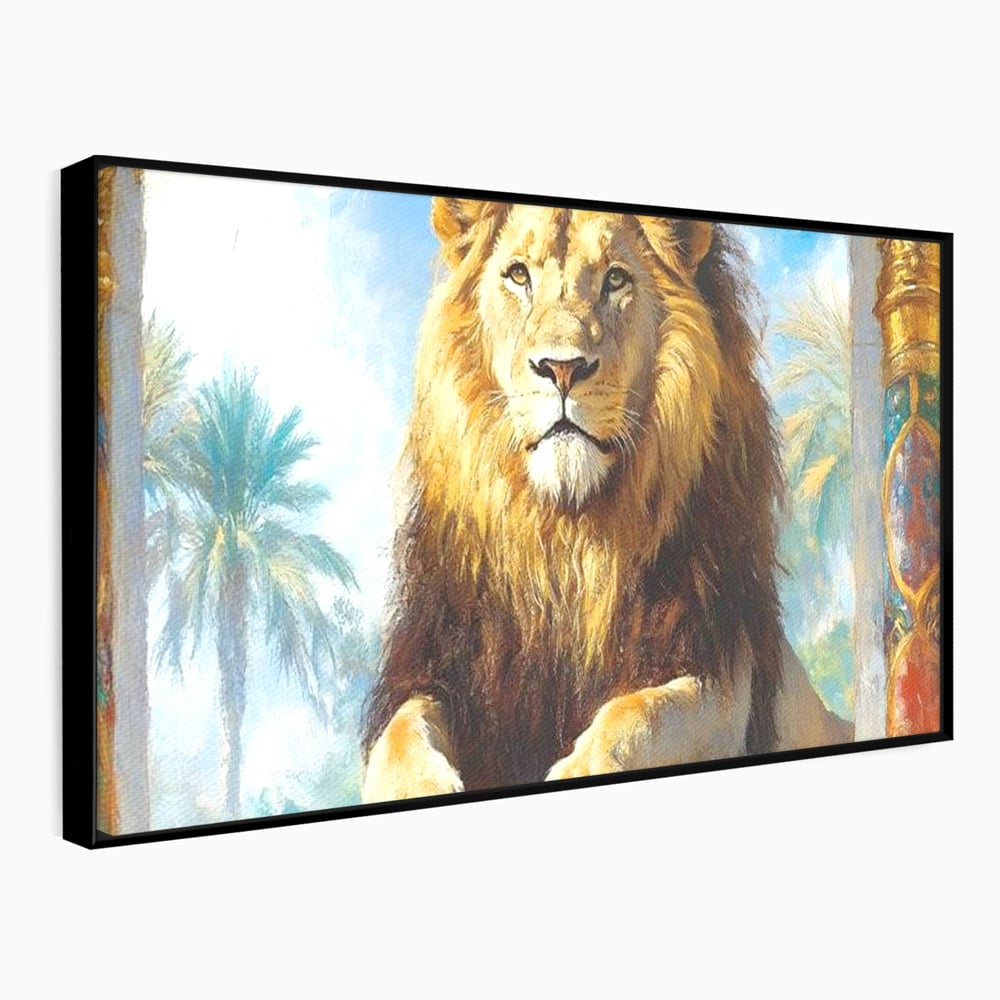 Leinwand Premium Canvas Wandkunst, LuxCanva® M1369, Ewige Krone, Löwe, Palast, Thron, Tempel, Königtum, Gold, Säule, Denkmal, Ahnen, Wächter, Gemälde, Büro, Wohnen, Kinderzimmer