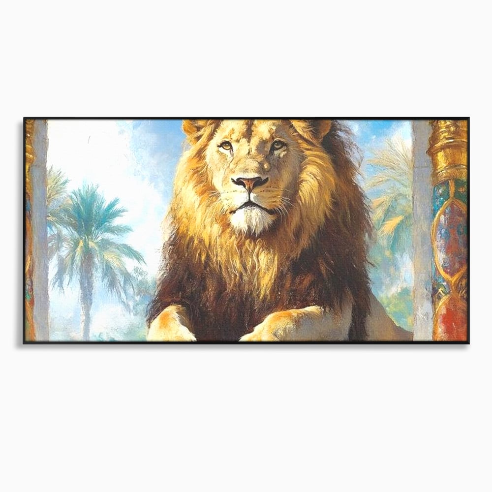 Leinwand Premium Canvas Wandkunst, LuxCanva® M1369, Ewige Krone, Löwe, Palast, Thron, Tempel, Königtum, Gold, Säule, Denkmal, Ahnen, Wächter, Gemälde, Büro, Wohnen, Kinderzimmer