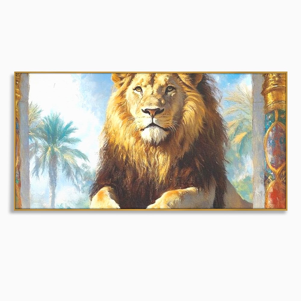 Leinwand Premium Canvas Wandkunst, LuxCanva® M1369, Ewige Krone, Löwe, Palast, Thron, Tempel, Königtum, Gold, Säule, Denkmal, Ahnen, Wächter, Gemälde, Büro, Wohnen, Kinderzimmer