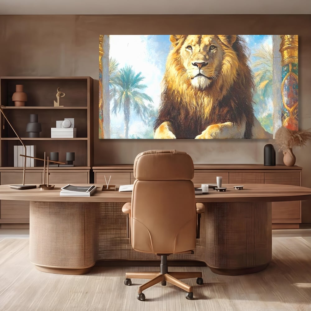 Leinwand Premium Canvas Wandkunst, LuxCanva® M1369, Ewige Krone, Löwe, Palast, Thron, Tempel, Königtum, Gold, Säule, Denkmal, Ahnen, Wächter, Gemälde, Büro, Wohnen, Kinderzimmer