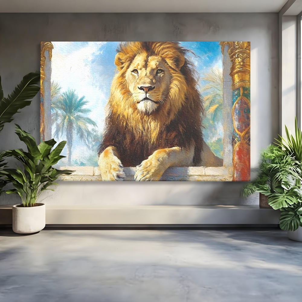 Leinwand Premium Canvas Wandkunst, LuxCanva® M1369, Ewige Krone, Löwe, Palast, Thron, Tempel, Königtum, Gold, Säule, Denkmal, Ahnen, Wächter, Gemälde, Büro, Wohnen, Kinderzimmer